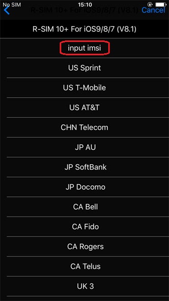 R-SIM card 10+ Plus welcome screen to select a network operator by pressing the 