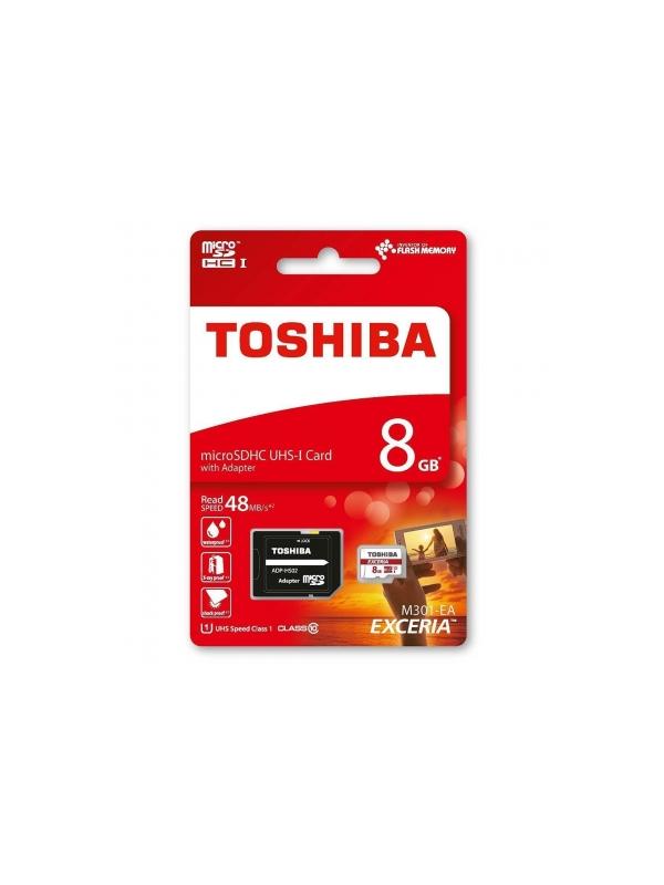 microSDHC 8 GB with SD Adapter - microSDHC / microSDXC 8 GB Toshiba memory card in blister packaging and with SD adapter.
