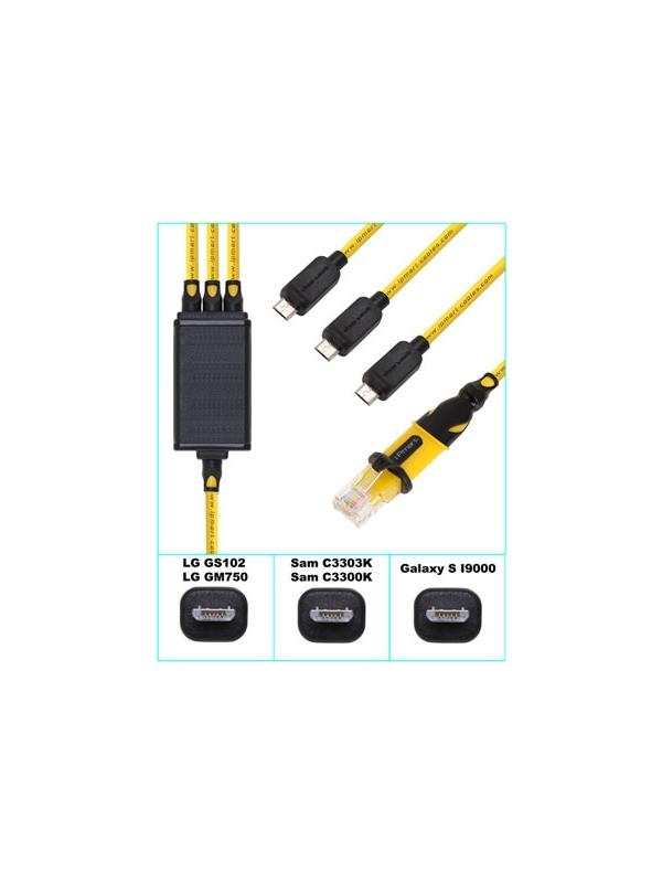 RJ45 3 in 1 Cable for LG GS102 + Samsung C3300K + i9000 Download Mode JIG Clip (BX Series) - RJ45 cable with microUSB connection to unlock, flash and repair Samsung and LG cell phones. With it you save space and costs, since you will not need to have 1 cable for each brand. Besides it works like the special Download Mode JIG Clip to recover handsets that are bricked and do NOT enter into Flash Mode by pressing and holding the typical 