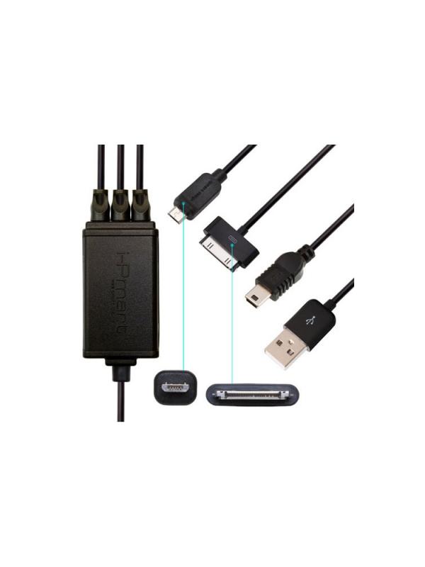 Triple connection USB Cable miniUSB + microUSB + iPhone / iPad / iPod [Data Sync and Charge] - Compatible with miniUSB and microUSB devices, as well with iPhone, 3G, 3GS, 4, 4S, iPad WiFi or 3G, iPad 2, iPod Touch and ultimately with devices with 30-pin dock connector. Use a single USB port on your Windows or Mac and connect up to 3 devices at the same time. Allows you to charge and sync up to 3 devices simultaneously thanks to its internal USB HUB/switch. The miniUSB and microUSB connections supports any brand, such as, BlackBerry, HTC, Samsung, LG, digital cameras, portable hard drives, etc...