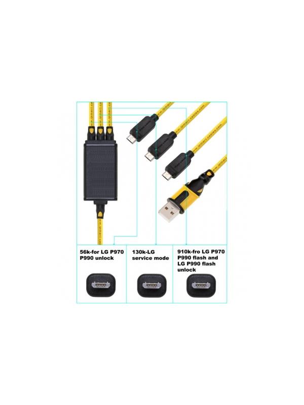 USB 3 in 1 Cable for LG Optimus P970 / P990 / P920 / P925 / SU660 / SU760 (BX Series) - RJ45 cable with 3 microUSB connections to unlock, flash and repair LG Optimus cell phones with Android. With it you save space and costs, since you will not need to have 1 cable for each function. Besides it works for unlock, read unlock codes, flashing, language change, firmware update, user and security code reset, IMEI repair/rebuild, BTAD repair, read and write security zone, as well for force to enter into Service Mode for recover handsets that are bricked.
